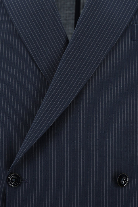 Koyu Lacivert 7 Drop Slim Fit Dar Kesim Yünlü Çizgili Beli Lastikli İpli Kruvaze Takım Elbise