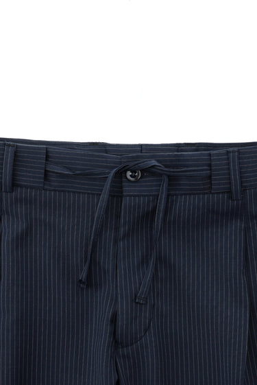 Koyu Lacivert Slim Fit Dar Kesim Yünlü Çizgili Beli Lastikli İpli Kruvaze Takım Elbise
