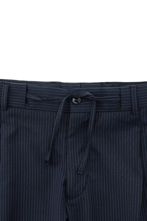 Koyu Lacivert 7 Drop Slim Fit Dar Kesim Yünlü Çizgili Beli Lastikli İpli Kruvaze Takım Elbise