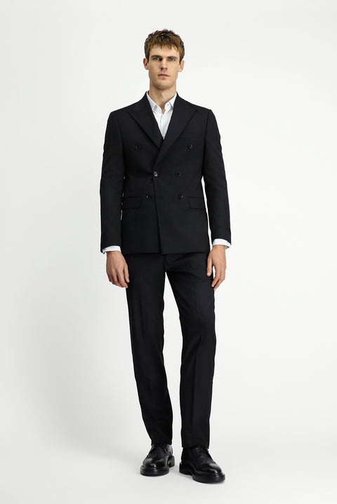 Siyah 6 Drop Regular Fit Standart Kesim Yünlü Çizgili Kruvaze Takım Elbise