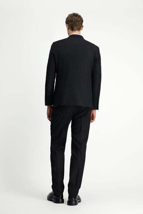 Siyah 6 Drop Regular Fit Standart Kesim Yünlü Çizgili Kruvaze Takım Elbise