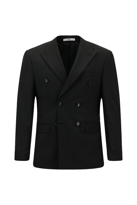 Siyah 6 Drop Regular Fit Standart Kesim Yünlü Çizgili Kruvaze Takım Elbise