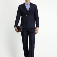 Orta Lacivert Regular Fit Yünlü Çizgili Kruvaze Takım Elbise