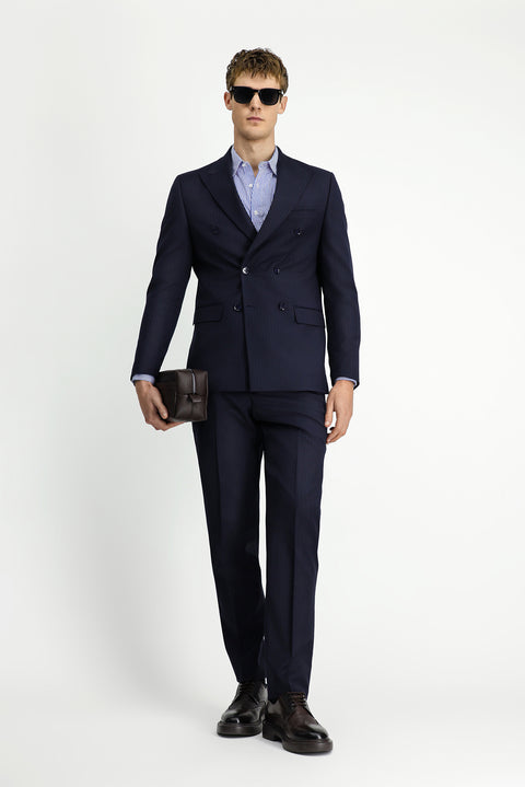 Orta Lacivert 6 Drop Regular Fit Standart Kesim Yünlü Çizgili Kruvaze Takım Elbise