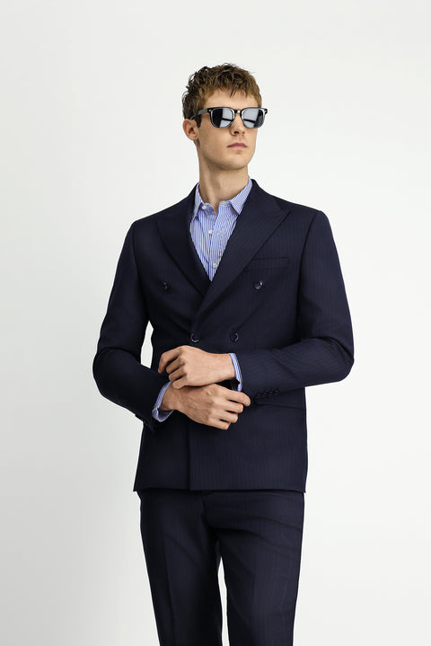 Orta Lacivert 6 Drop Regular Fit Standart Kesim Yünlü Çizgili Kruvaze Takım Elbise