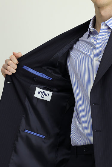 Orta Lacivert Regular Fit Yünlü Çizgili Kruvaze Takım Elbise