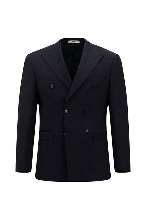 Orta Lacivert 6 Drop Regular Fit Standart Kesim Yünlü Çizgili Kruvaze Takım Elbise