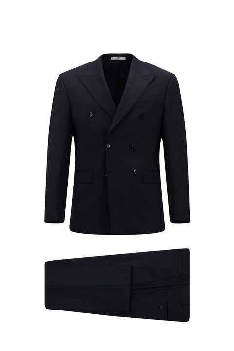 Orta Lacivert 6 Drop Regular Fit Standart Kesim Yünlü Çizgili Kruvaze Takım Elbise