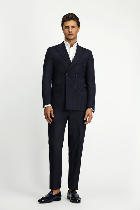 Koyu Lacivert 6 Drop Regular Fit Standart Kesim Yünlü Çizgili Kruvaze Takım Elbise