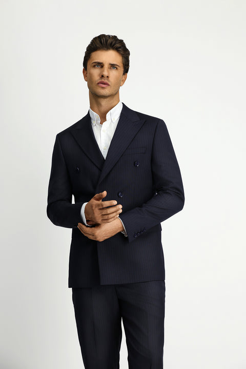 Koyu Lacivert 6 Drop Regular Fit Standart Kesim Yünlü Çizgili Kruvaze Takım Elbise