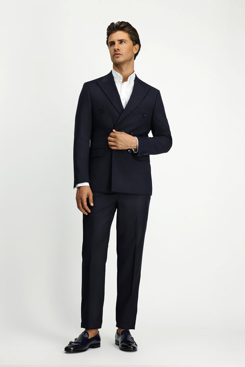 Koyu Lacivert 6 Drop Regular Fit Standart Kesim Yünlü Çizgili Kruvaze Takım Elbise