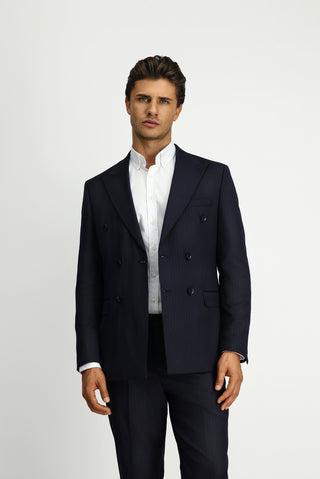  Koyu Lacivert Regular Fit Yünlü Çizgili Kruvaze Takım Elbise