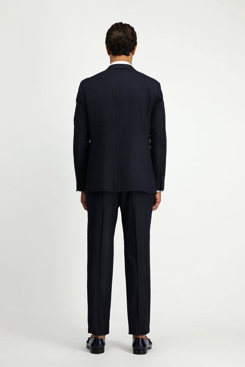 Koyu Lacivert 6 Drop Regular Fit Standart Kesim Yünlü Çizgili Kruvaze Takım Elbise