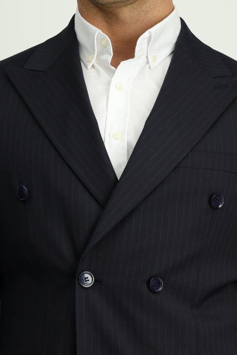 Koyu Lacivert 6 Drop Regular Fit Standart Kesim Yünlü Çizgili Kruvaze Takım Elbise