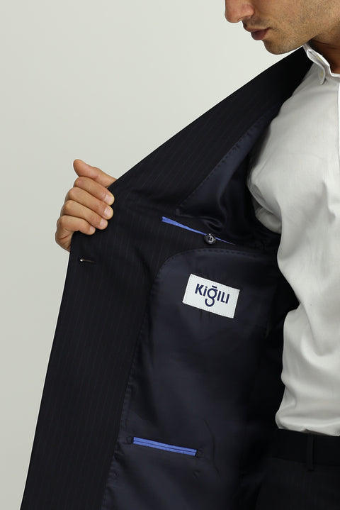 Koyu Lacivert 6 Drop Regular Fit Standart Kesim Yünlü Çizgili Kruvaze Takım Elbise