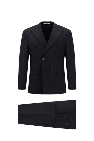 Koyu Lacivert Regular Fit Yünlü Çizgili Kruvaze Takım Elbise