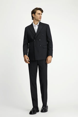  Siyah Slim Fit Dar Kesim Yünlü Çizgili Kruvaze Takım Elbise