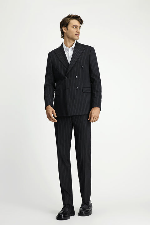 Siyah 7 Drop Slim Fit Dar Kesim Yünlü Çizgili Kruvaze Takım Elbise