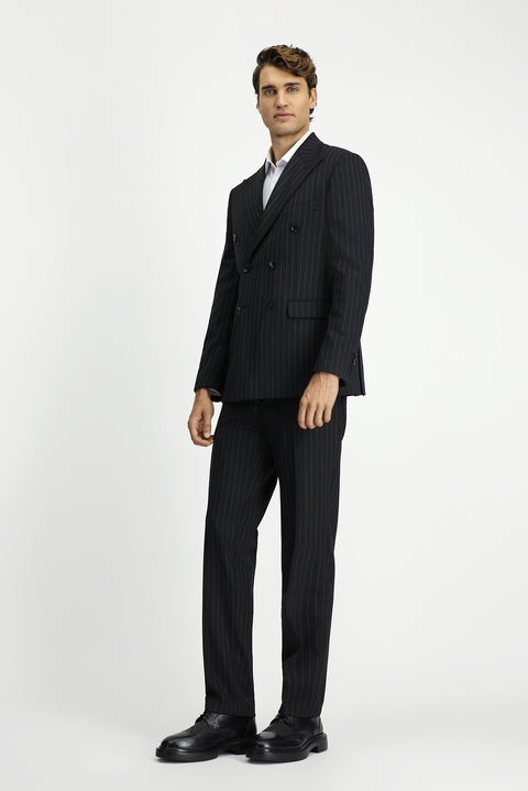 Siyah 7 Drop Slim Fit Dar Kesim Yünlü Çizgili Kruvaze Takım Elbise