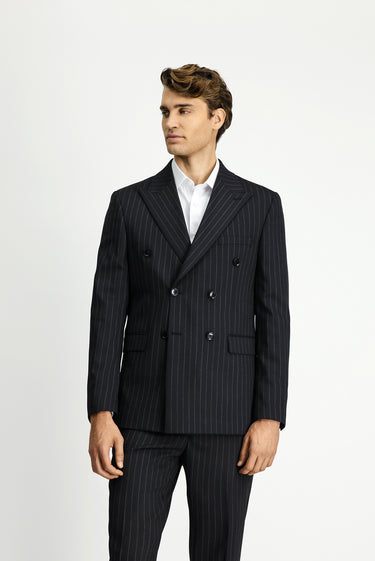  Siyah Slim Fit Dar Kesim Yünlü Çizgili Kruvaze Takım Elbise