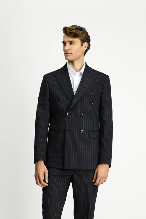 Siyah 7 Drop Slim Fit Dar Kesim Yünlü Çizgili Kruvaze Takım Elbise