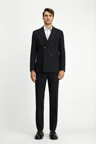  Siyah Slim Fit Dar Kesim Yünlü Çizgili Kruvaze Takım Elbise
