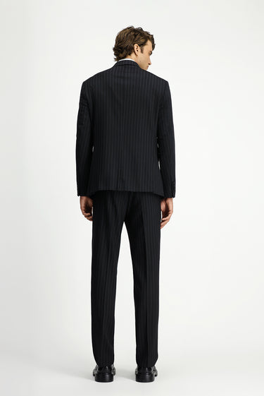 Siyah Slim Fit Dar Kesim Yünlü Çizgili Kruvaze Takım Elbise