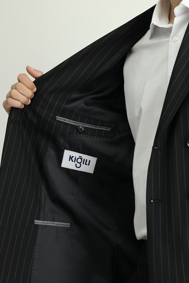 Siyah Slim Fit Dar Kesim Yünlü Çizgili Kruvaze Takım Elbise