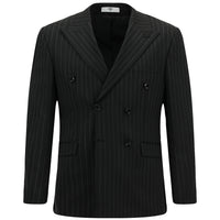 Siyah Slim Fit Dar Kesim Yünlü Çizgili Kruvaze Takım Elbise
