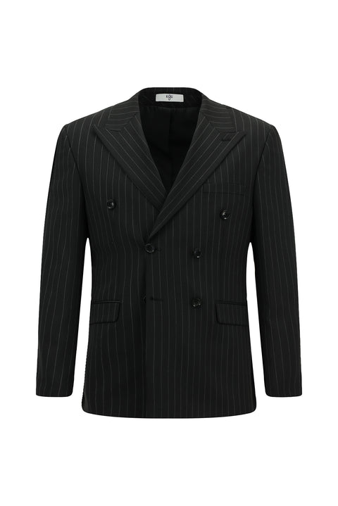 Siyah 7 Drop Slim Fit Dar Kesim Yünlü Çizgili Kruvaze Takım Elbise