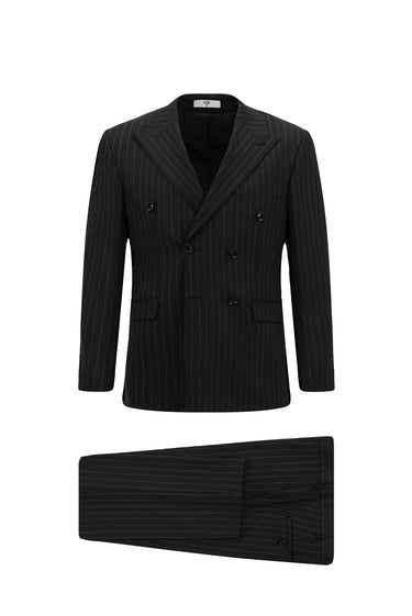 Siyah Slim Fit Dar Kesim Yünlü Çizgili Kruvaze Takım Elbise