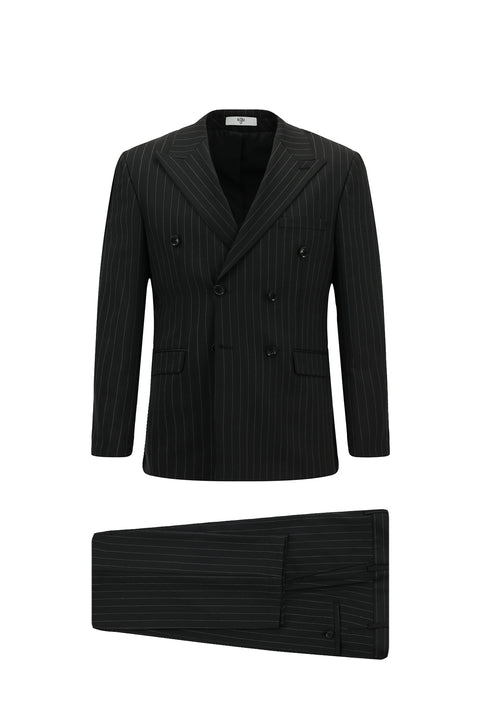 Siyah 7 Drop Slim Fit Dar Kesim Yünlü Çizgili Kruvaze Takım Elbise