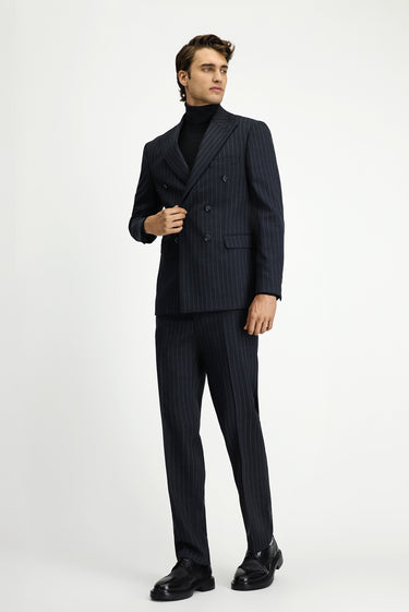  Marengo Slim Fit Dar Kesim Yünlü Çizgili Kruvaze Takım Elbise