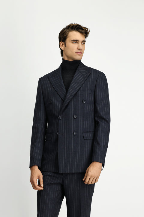 Marengo 7 Drop Slim Fit Dar Kesim Yünlü Çizgili Kruvaze Takım Elbise