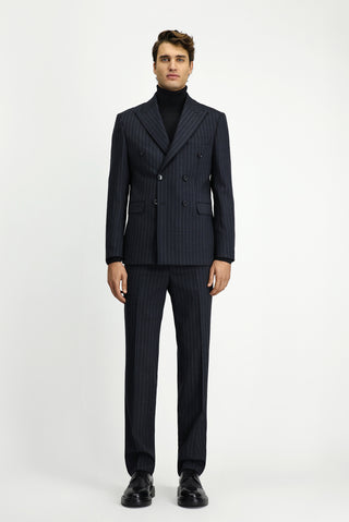  Marengo Slim Fit Dar Kesim Yünlü Çizgili Kruvaze Takım Elbise