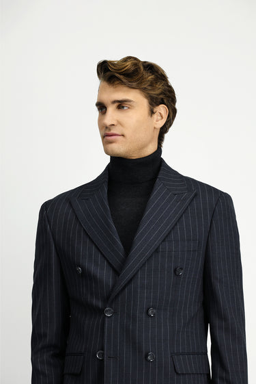 Marengo Slim Fit Dar Kesim Yünlü Çizgili Kruvaze Takım Elbise