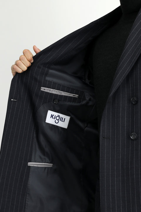 Marengo 7 Drop Slim Fit Dar Kesim Yünlü Çizgili Kruvaze Takım Elbise