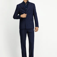 Koyu Lacivert Slim Fit Dar Kesim Yünlü Çizgili Kruvaze Takım Elbise