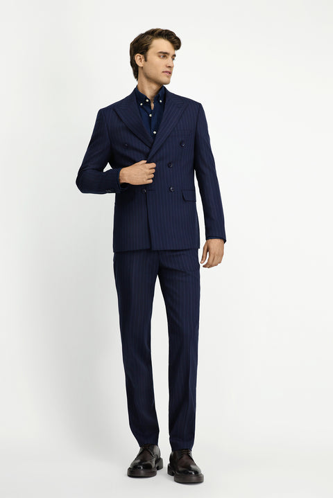 Koyu Lacivert 7 Drop Slim Fit Dar Kesim Yünlü Çizgili Kruvaze Takım Elbise