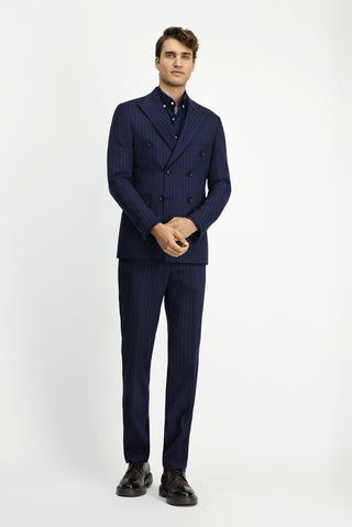  Koyu Lacivert Slim Fit Dar Kesim Yünlü Çizgili Kruvaze Takım Elbise