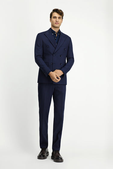  Koyu Lacivert Slim Fit Dar Kesim Yünlü Çizgili Kruvaze Takım Elbise