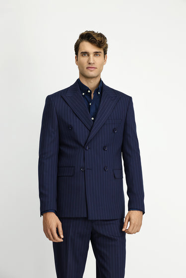  Koyu Lacivert Slim Fit Dar Kesim Yünlü Çizgili Kruvaze Takım Elbise