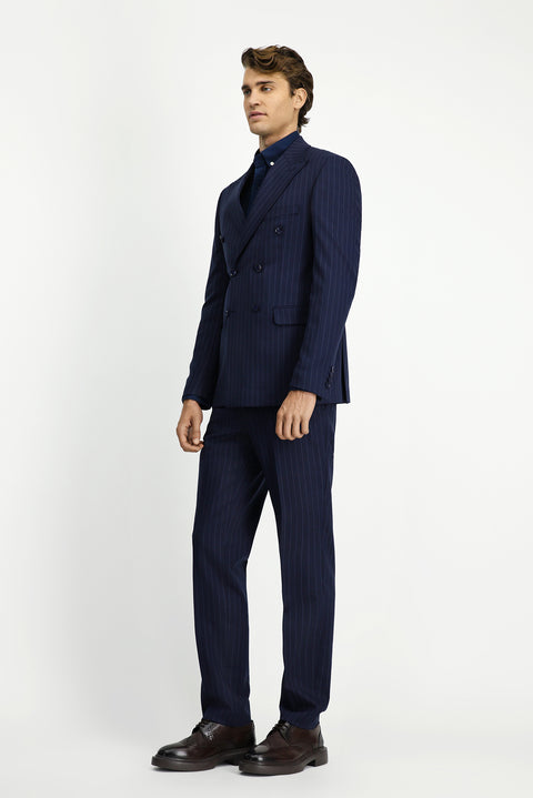 Koyu Lacivert 7 Drop Slim Fit Dar Kesim Yünlü Çizgili Kruvaze Takım Elbise