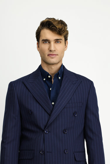 Koyu Lacivert Slim Fit Dar Kesim Yünlü Çizgili Kruvaze Takım Elbise