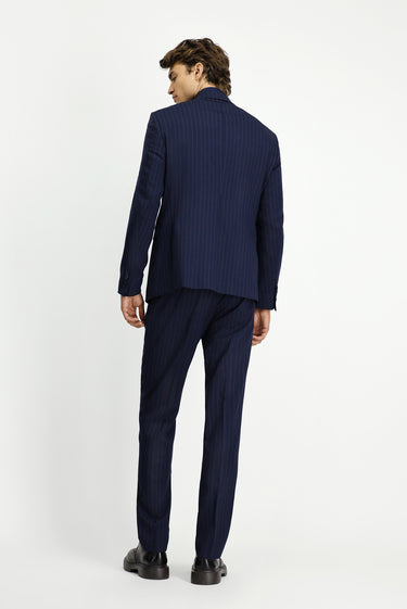 Koyu Lacivert Slim Fit Dar Kesim Yünlü Çizgili Kruvaze Takım Elbise