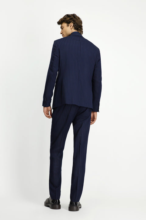 Koyu Lacivert 7 Drop Slim Fit Dar Kesim Yünlü Çizgili Kruvaze Takım Elbise