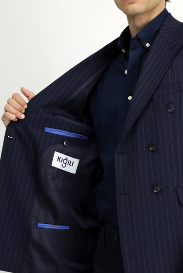 Koyu Lacivert Slim Fit Dar Kesim Yünlü Çizgili Kruvaze Takım Elbise