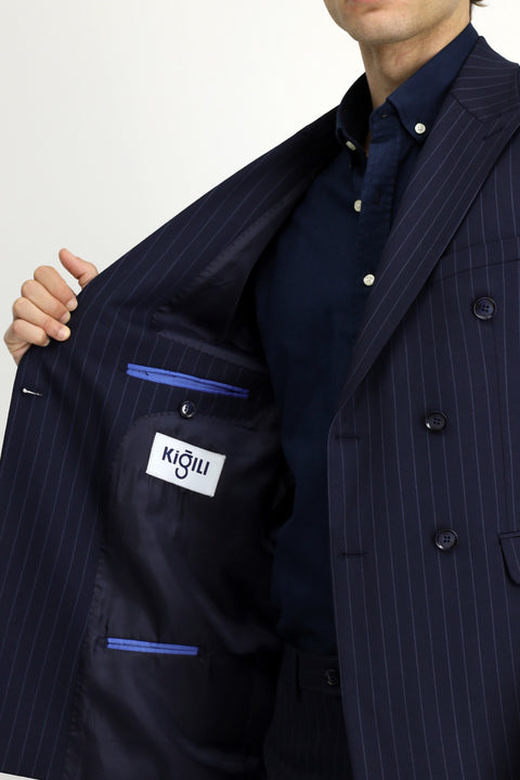 Koyu Lacivert 7 Drop Slim Fit Dar Kesim Yünlü Çizgili Kruvaze Takım Elbise