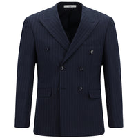 Koyu Lacivert Slim Fit Dar Kesim Yünlü Çizgili Kruvaze Takım Elbise