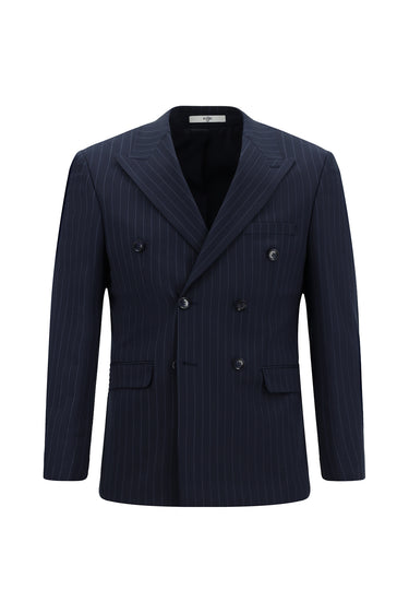  Koyu Lacivert Slim Fit Dar Kesim Yünlü Çizgili Kruvaze Takım Elbise
